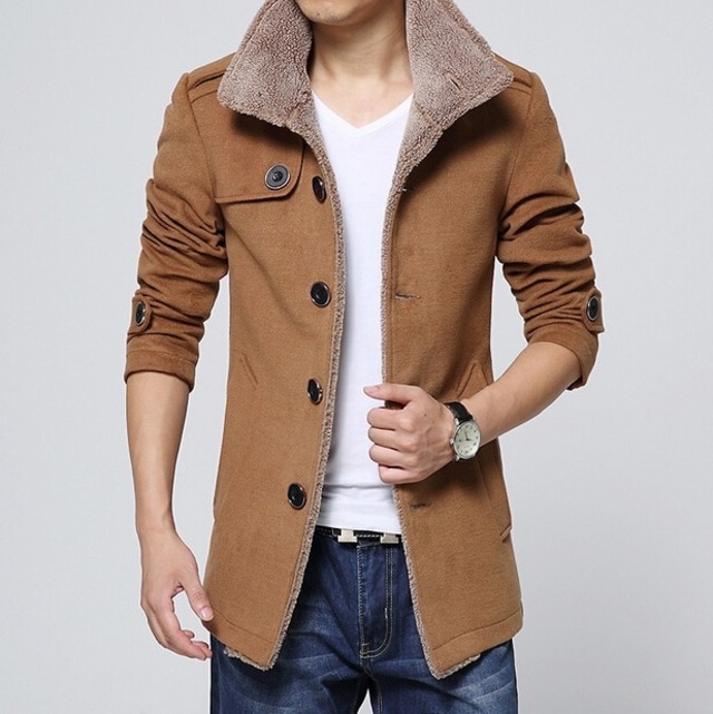 2015 Winter Fashion Men&#39;s Lambs Wool Lining Jacket Coat   Male Thick Warm Jacket Outerwear Male Slim Fit Trench Coat