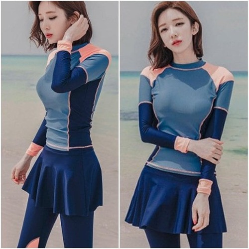 水着 4点セット フィットネス スイムウェア スカート 無地 ブルー 大人 可愛い シンプル くびれ レディース 女性 春 夏 海 プール 体型カバー 着痩せ オルチャン 美シルエット 美脚