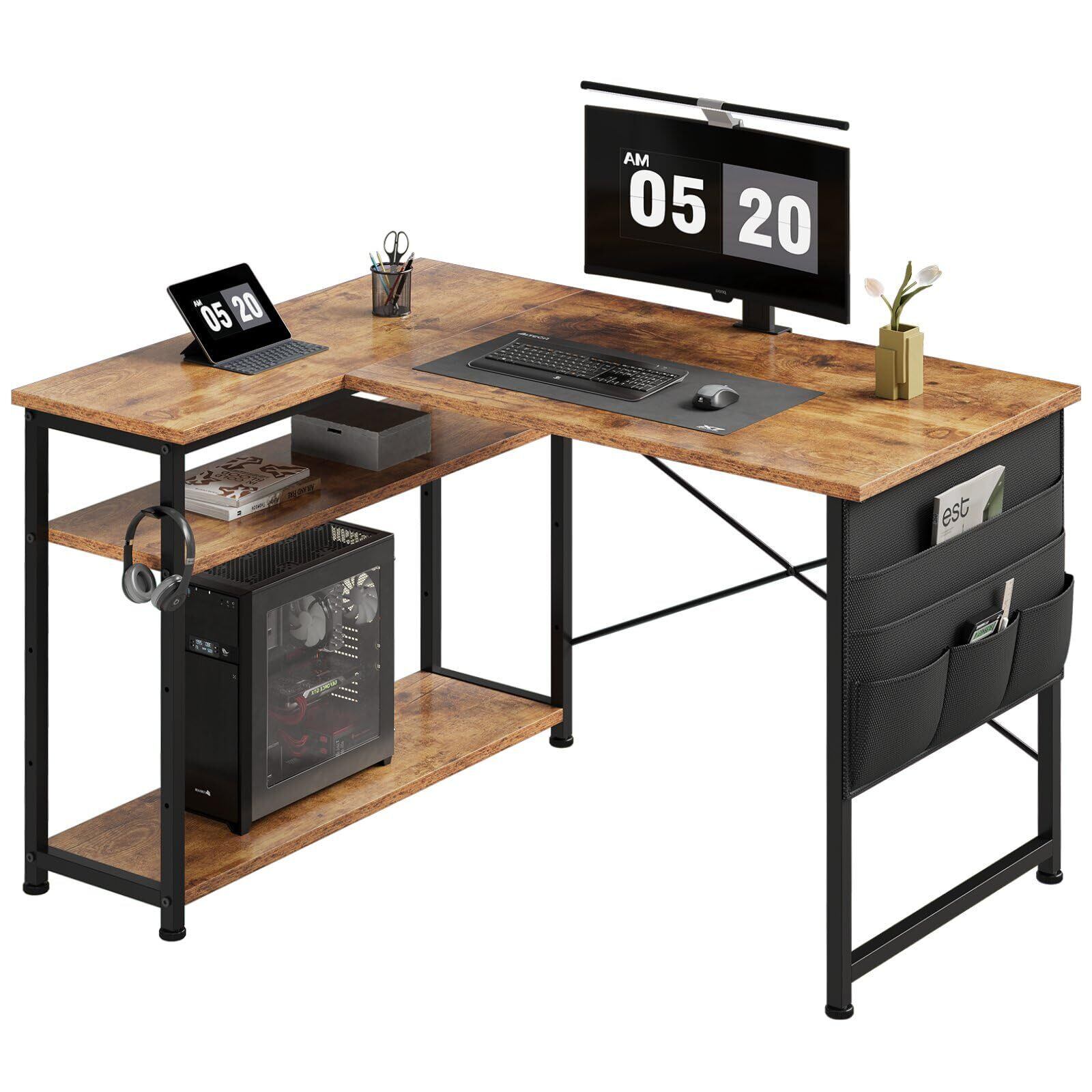 パソコンデスク L字120cm2段ラック付 デスク木製ミシン台 書斎机 ブラウン パソコンデスク L字120cm2段ラック付 デスク木製ミシン台 書斎机 ブラウン