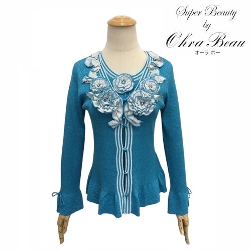 スーパービューティー アンサンブル 花モチーフ ニット ラメ入り カーディガン 2421038 ブルー 2024/2025年秋冬 オーラボー 大人かわいい服 大人スタイル キレイメ Super Beauty レディース アパレル 女性 M L LL 30代 40代 50代 60代