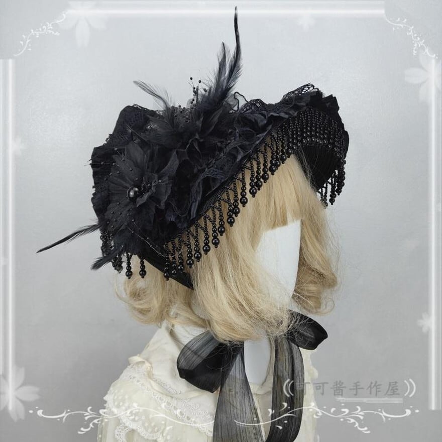 ゴスロリ ボンネット ヴィンテージ フェザー 羽毛 レース ハロウィン