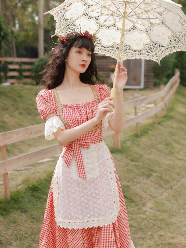 ワンピース 赤 チェック ワンピース エプロン ガーリー 可愛い フレア