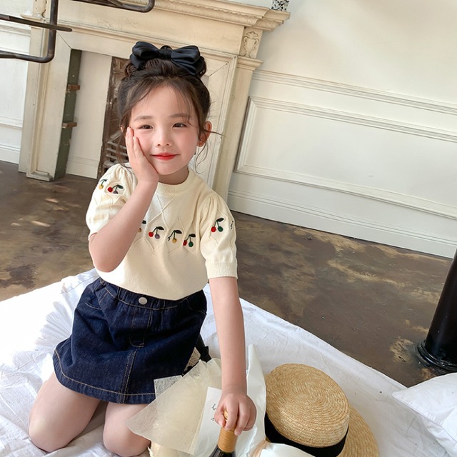 【90㎝-150㎝】トップスさくらんぼ　スカート　デニム　韓国版　可愛い　子供服 人気　女の子　韓国子供服　子供服