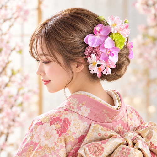 ピンクの胡蝶蘭と八重桜のヘッドドレス　胡蝶蘭　桜　八重桜　桜の髪飾り　成人式　卒業式　結婚式　ウェディング　ヘッドドレス　前撮り