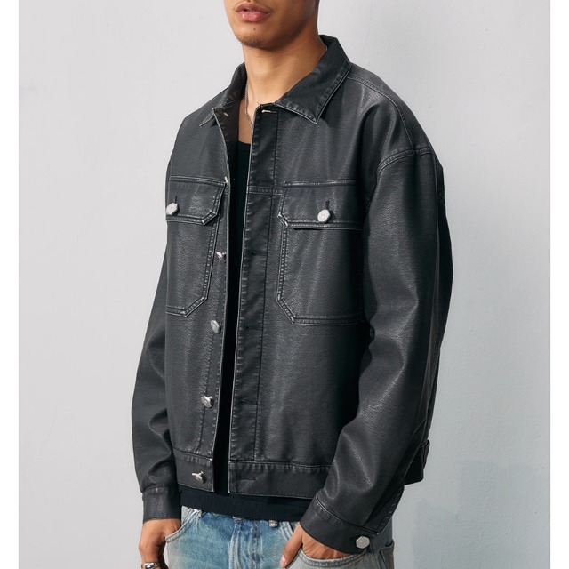 【DRIP3212】R69 Metal Logo Damaged PU Fabric Jacket