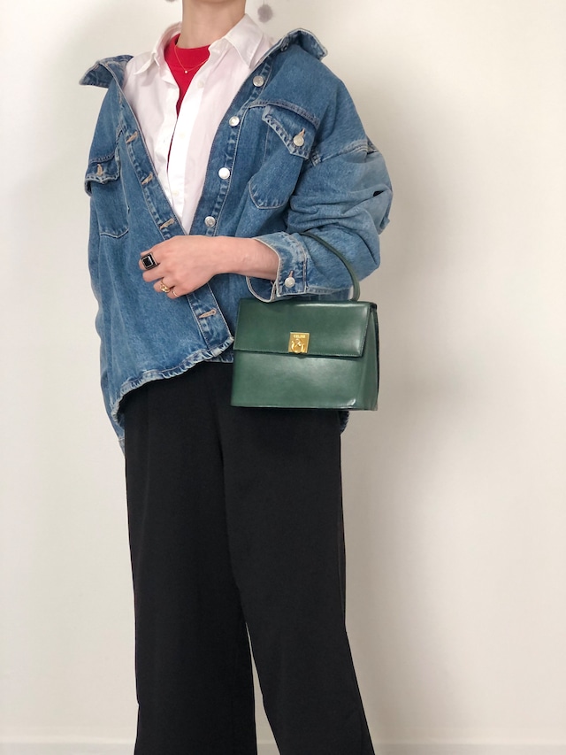 CELINE セリーヌ ハンドバッグ ダークグリーン ガンチーニ レザー vintage ヴィンテージ オールド sxajh2