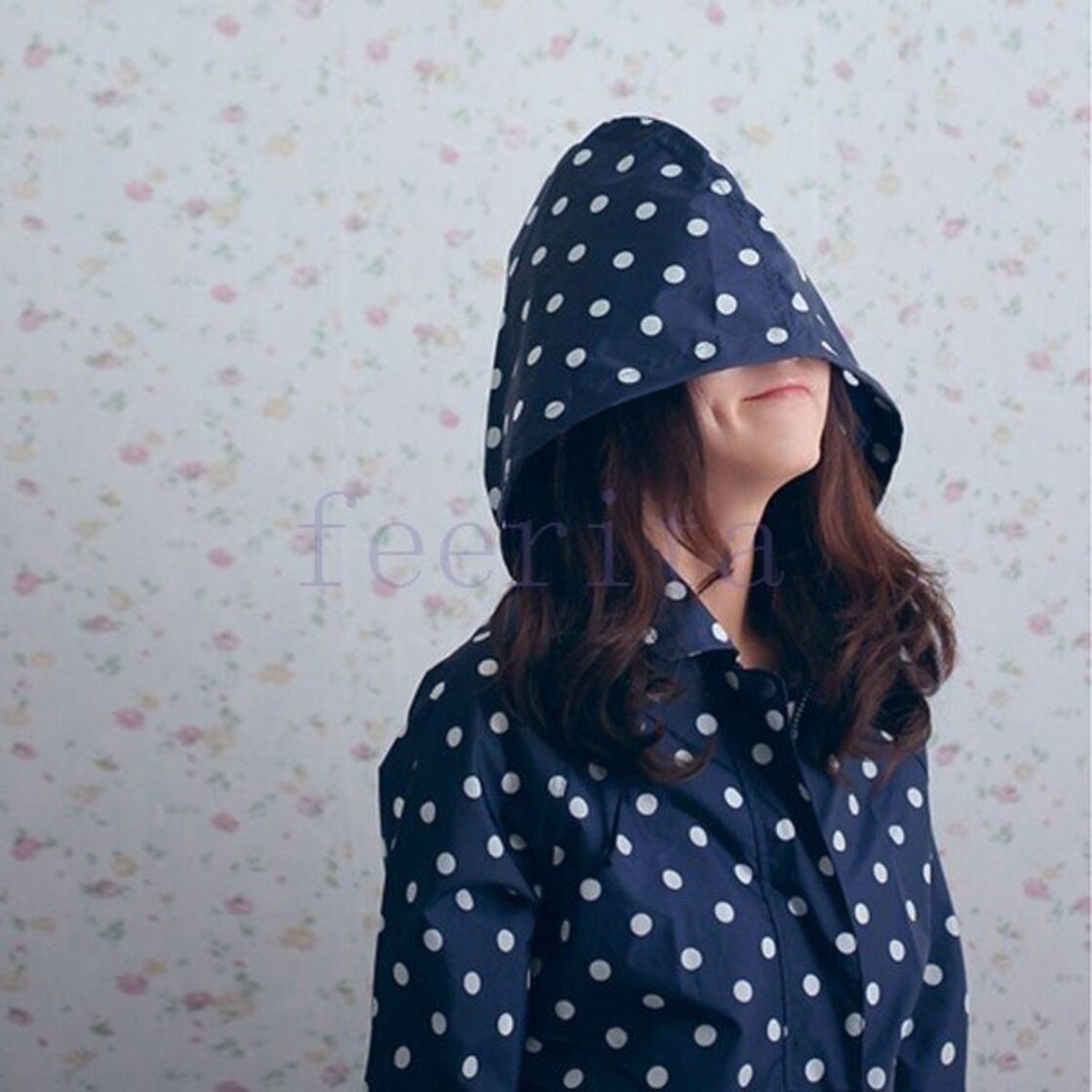 レディースレインコート 賢く 紺色ドット模様 