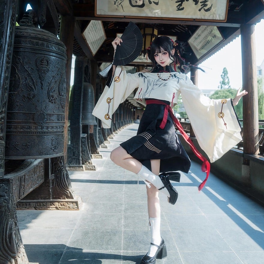 中華ロリィタ 3点 セットアップ 姫袖 ミニスカ ベルト付き 秋服