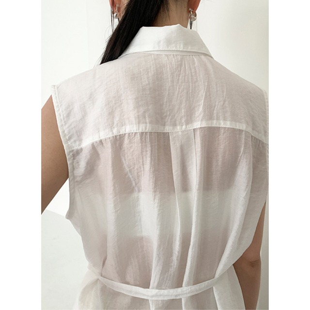 belted sleeveless sheer shirt L0522