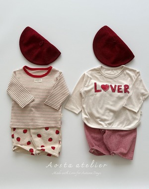 【Aosta】MomentボーダーリブTシャツ レッド 70~100cm