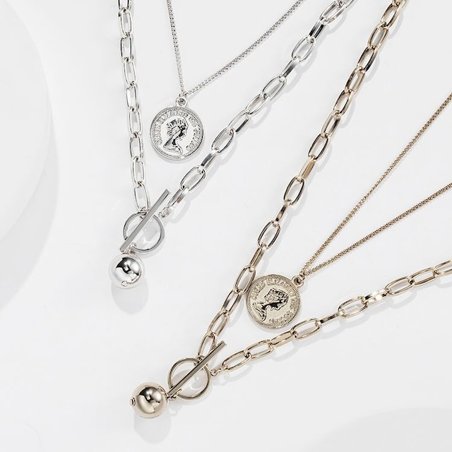 2点セット ネックレス チェーン付き コイン Tバー ペンダント アクセサリー 合金 シンプル / Stack Luxury Cold Wind Chain Necklace (DTC-618874289625)