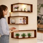 コーナー壁掛け棚 木製 3段／L字 壁面収納 ディスプレイシェルフ（棚のみ・照明なし）