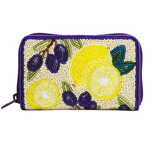 ビーズ刺繍ラウンド小財布(#099 レモンとオリーブ柄)