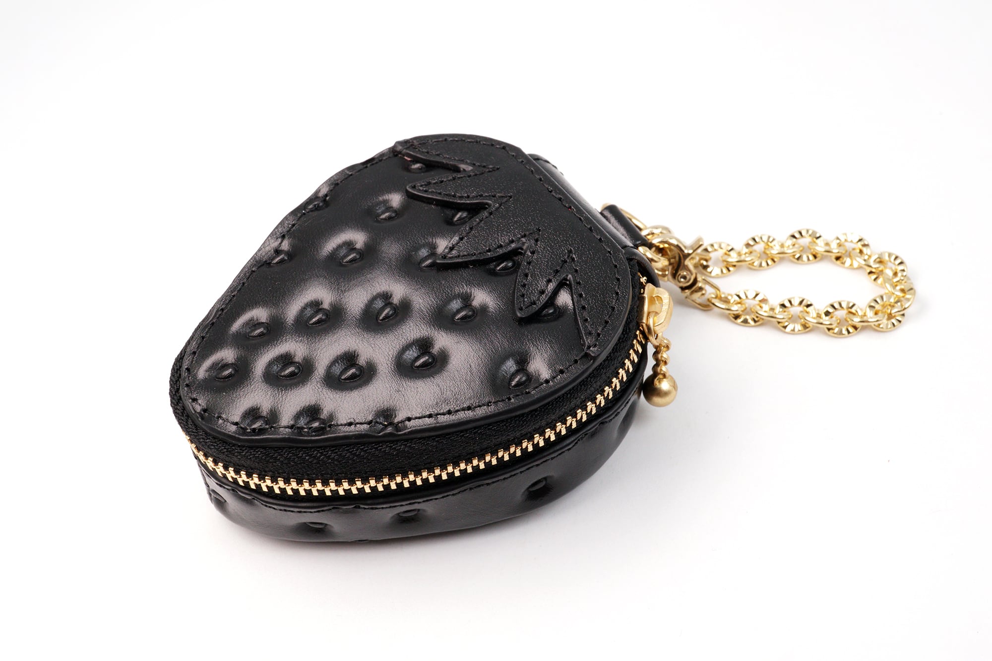 ヘタ付き黒いちごなチャームポーチ（イヤホンケース・小物入れ）／本革