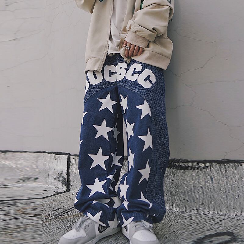 UUCSCC藍色の星柄デニムストレートパンツ | mblueshop
