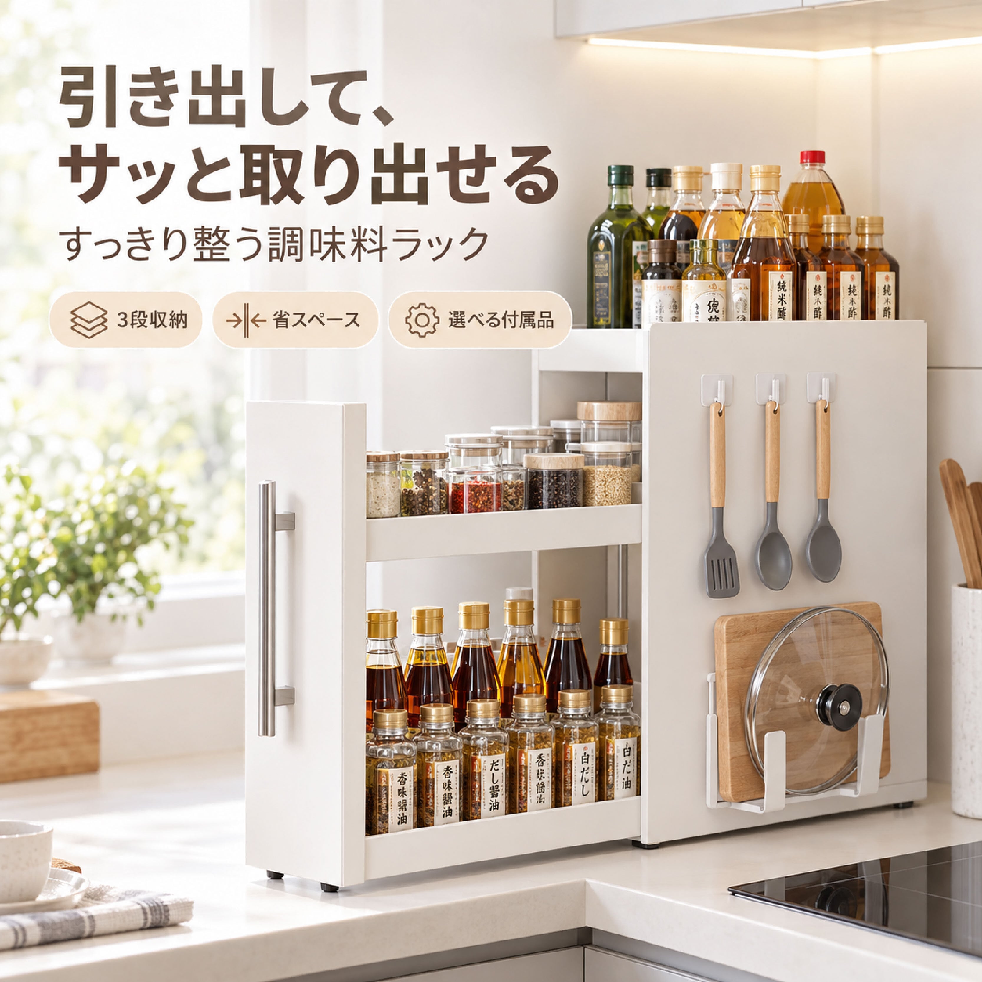 HY 1251 .調味料ラック 引き出し式 3段 スパイスラック キッチン収納