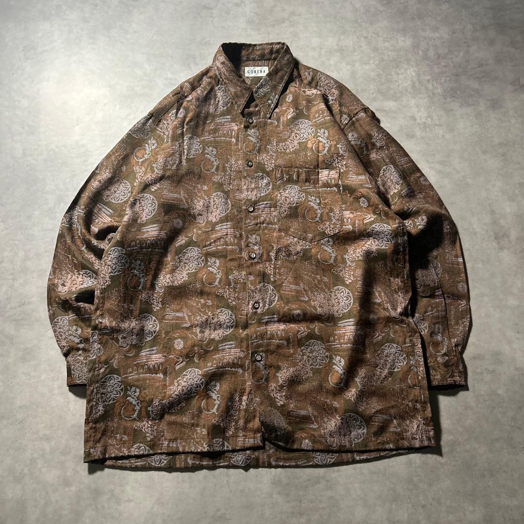 ヴィンテージ 総柄 ブラウン レトロ アートパターン デザイン レトロ シャツ