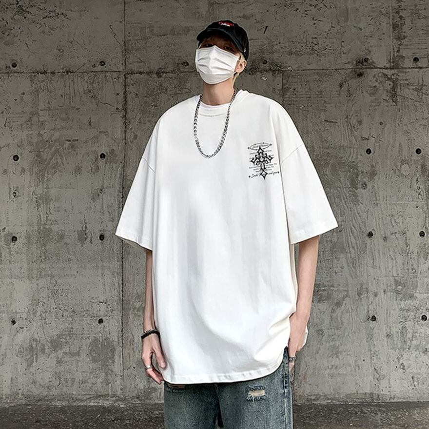ホワイト Tシャツ Mサイズ 前面刺繍 背面十字架 半袖Tシャツ ビッグシルエット オーバーサイズ バックプリント クロス