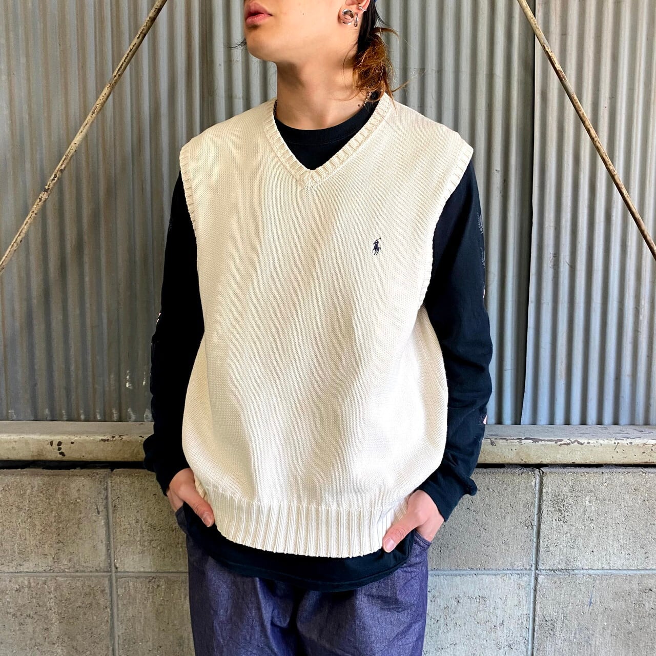 90s ポロ ラルフローレン ニットベスト コットン 白 セーター POLO 