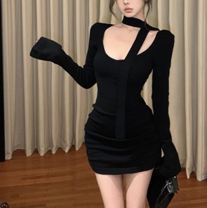 2色／スキニースカーフジュエルネックワンピ ・12861