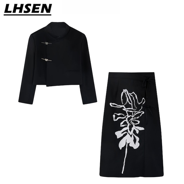 【LHSENシリーズ】★チャイナ風スカート★ ボトムス まきスカート 合わせやすい 黒 ブラック 花柄