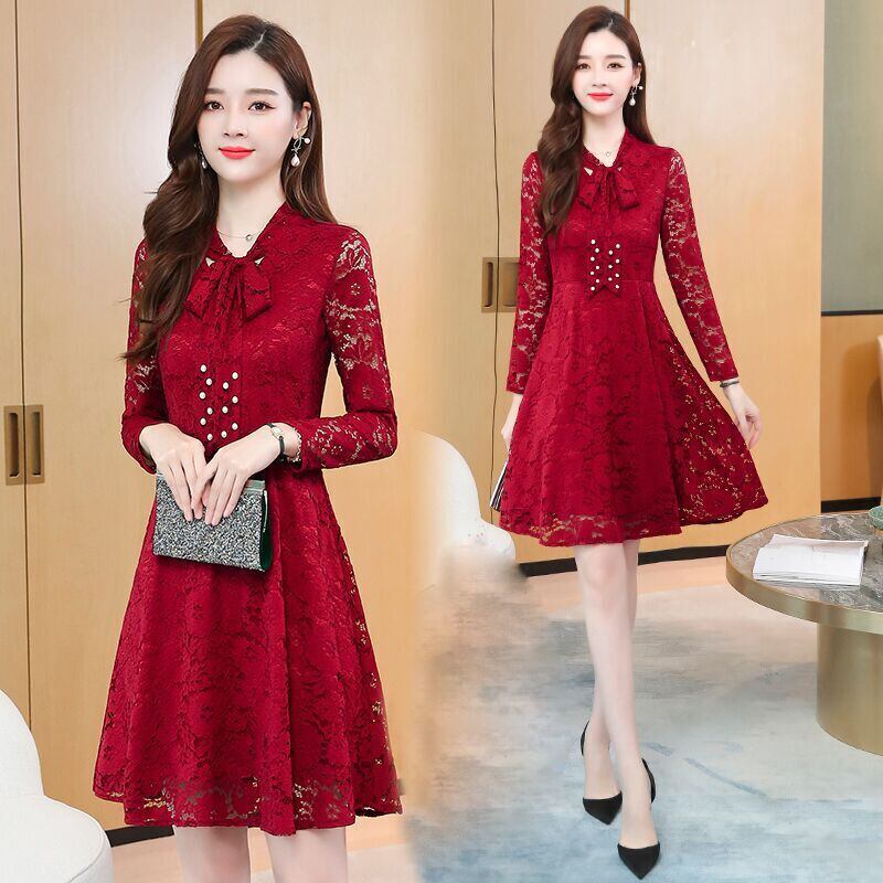 レースワンピース ワンピース ナイトドレス フレアスカート フレアワンピース ワンピドレス 膝丈 ひざ丈 膝上 袖あり 長袖 Vネック リボンタイ タイト 細身 Aライン レース リボン ベルベット きれいめ 大人 上品 おしゃれ お洒落 大人女子 セクシー エレガント 主役級 秋 冬 レースワンピース ワンピース ナイトドレス フレアスカート フレア