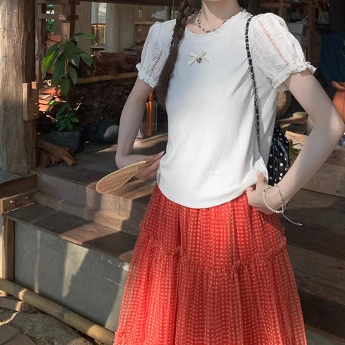 フロントリボンパフスリーブトップス ・10328