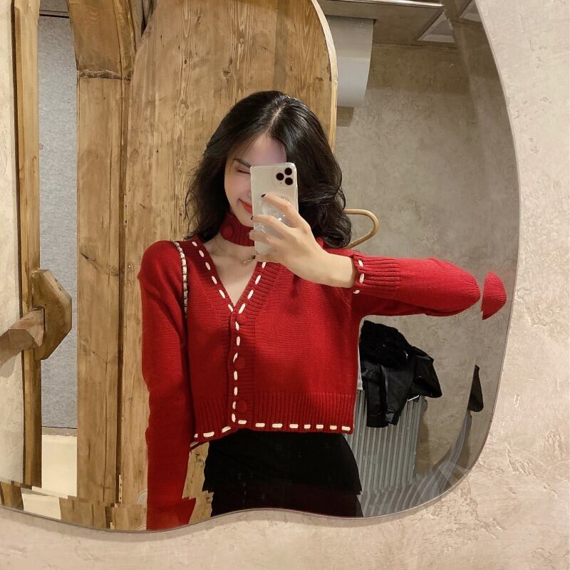 フレンチレトロコントラストカラーVネック長袖ニットセータートップレディース2020秋新作スリムセーターカーディガンジャケット ブラックストロベリース69958586213