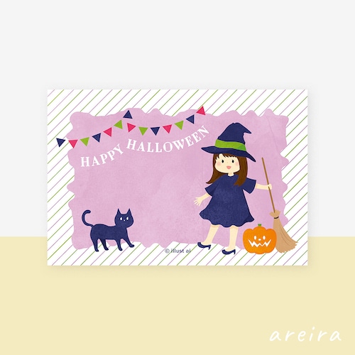 【ハロウィンカード】かわいい魔法使いと黒猫のイラスト