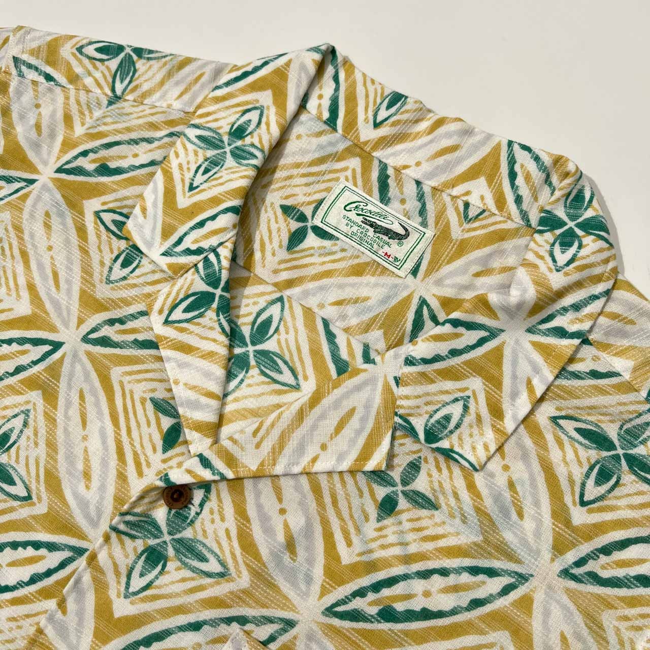 美品 Crocodile クロコダイル 総柄 オープンカラー 開襟 半袖 アロハシャツ サイズ M /メンズ/イエロベージュ×グリーン