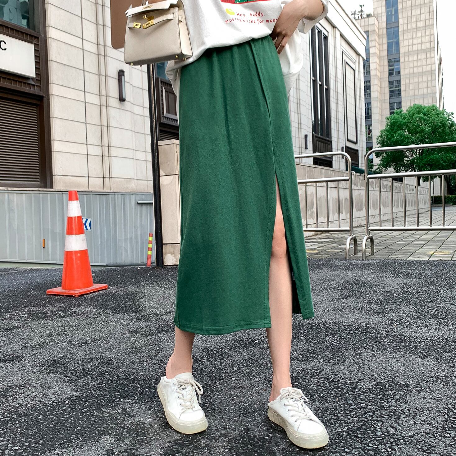 ウェストニットスカート サマー薄手グリーンAライン 夏物 6Du_Shop_Women42467675402