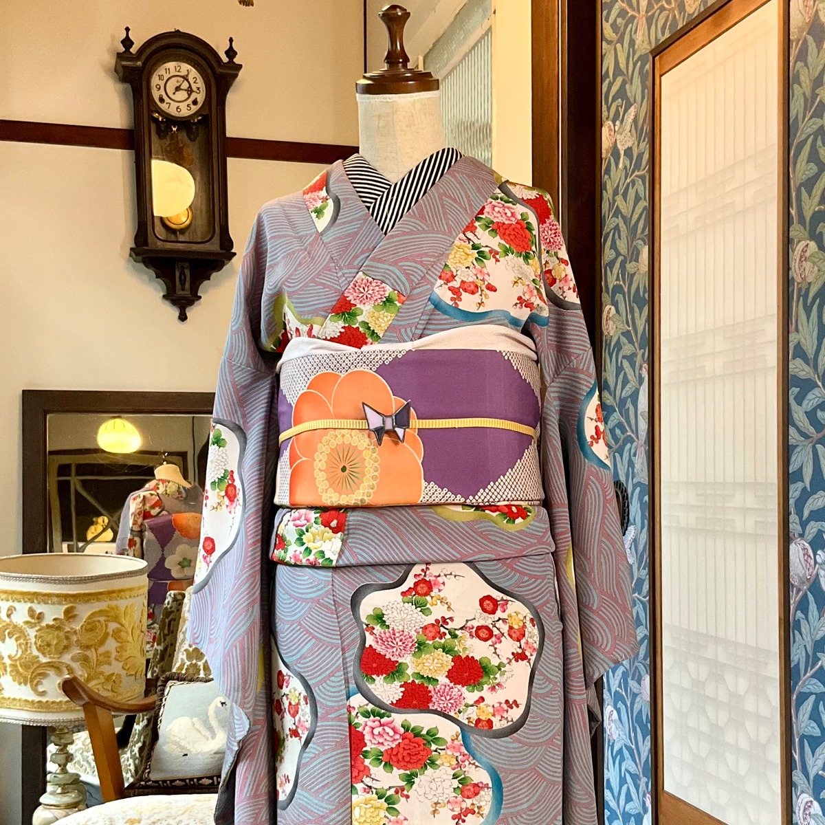 long＊波間の百花＊水色 ピンク 梅 牡丹 椿 花 青海波 袴 卒業式 