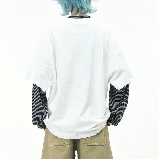 ノイズプリントボーダーフェイクレイヤードトップス 2col R02574