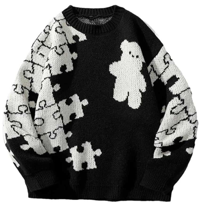 即納 ブラックM アメカジ メンズニット セーター ジグソーパズル柄 くまちゃん メンズ