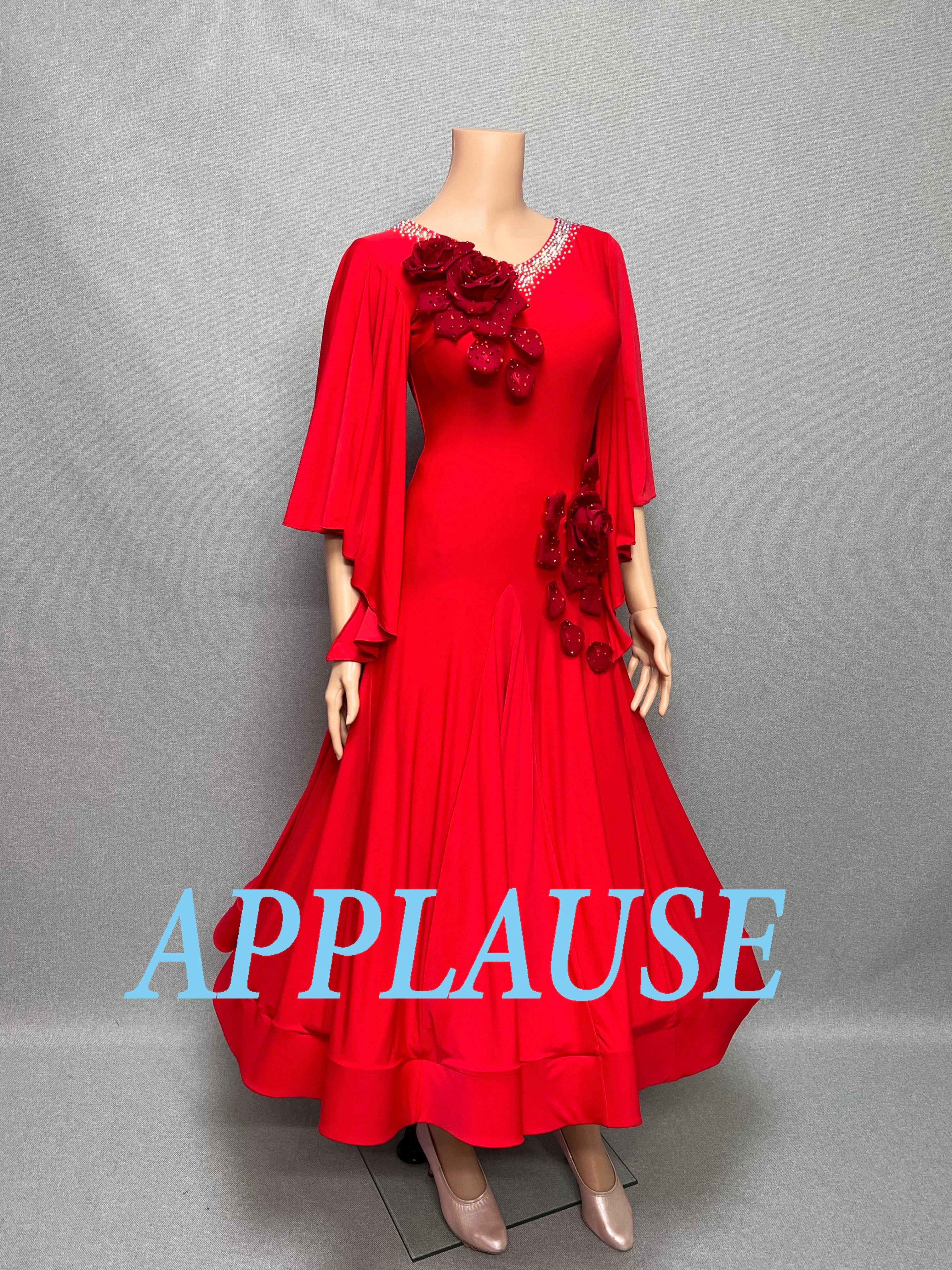 【新着】社交ダンス ドレス　モダン　スタンダード ドレス　ST-26-４　レッド（バラ）　M〜L　デモ・競技用ドレス　発表会　衣装　パーティドレス　ワンピース　舞台衣装