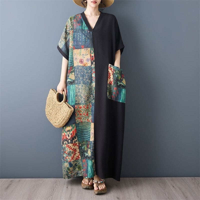 V-NECK SHORT SLEEVE CONTRAST PANEL LONG DRESS M-17627