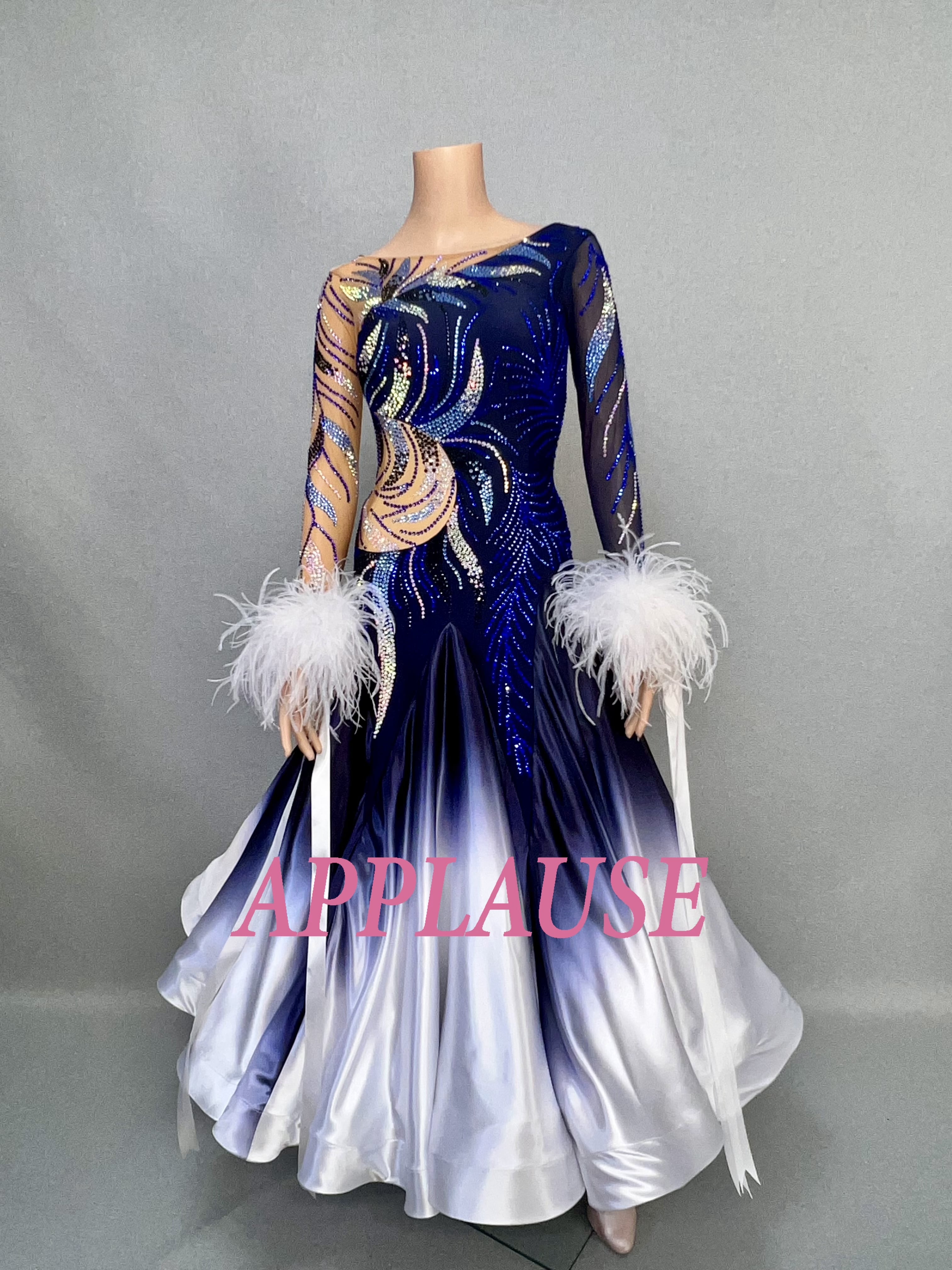 【新着】社交ダンス ドレス　スタンダード　モダンドレス　ネイビーグラデーション　M　ST-25-20　 デモ・競技用ドレス　発表会衣装　パーティドレス　ワンピース　舞台衣装