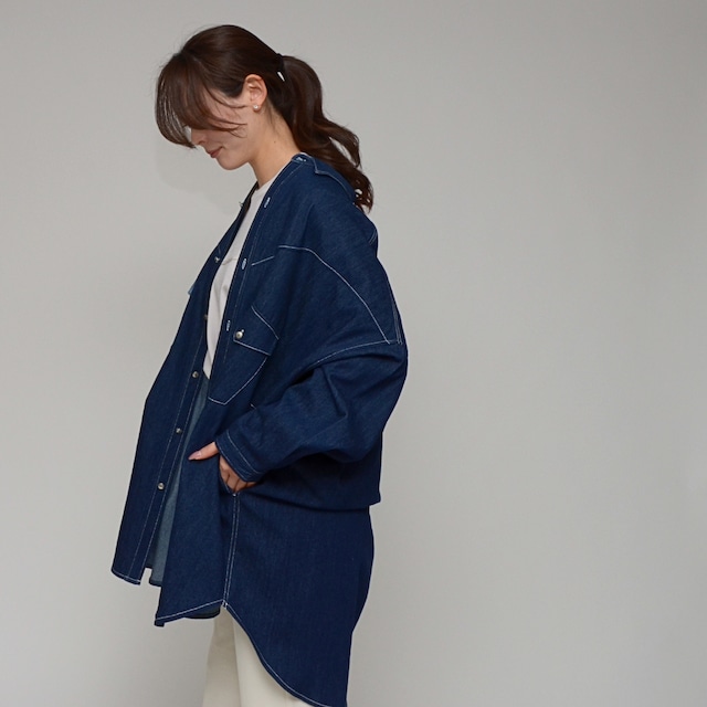 【春先の羽織に】ワンウォッシュ・ライトオンスデニムロングシャツ ‐ LEI-2598 インディゴ‐