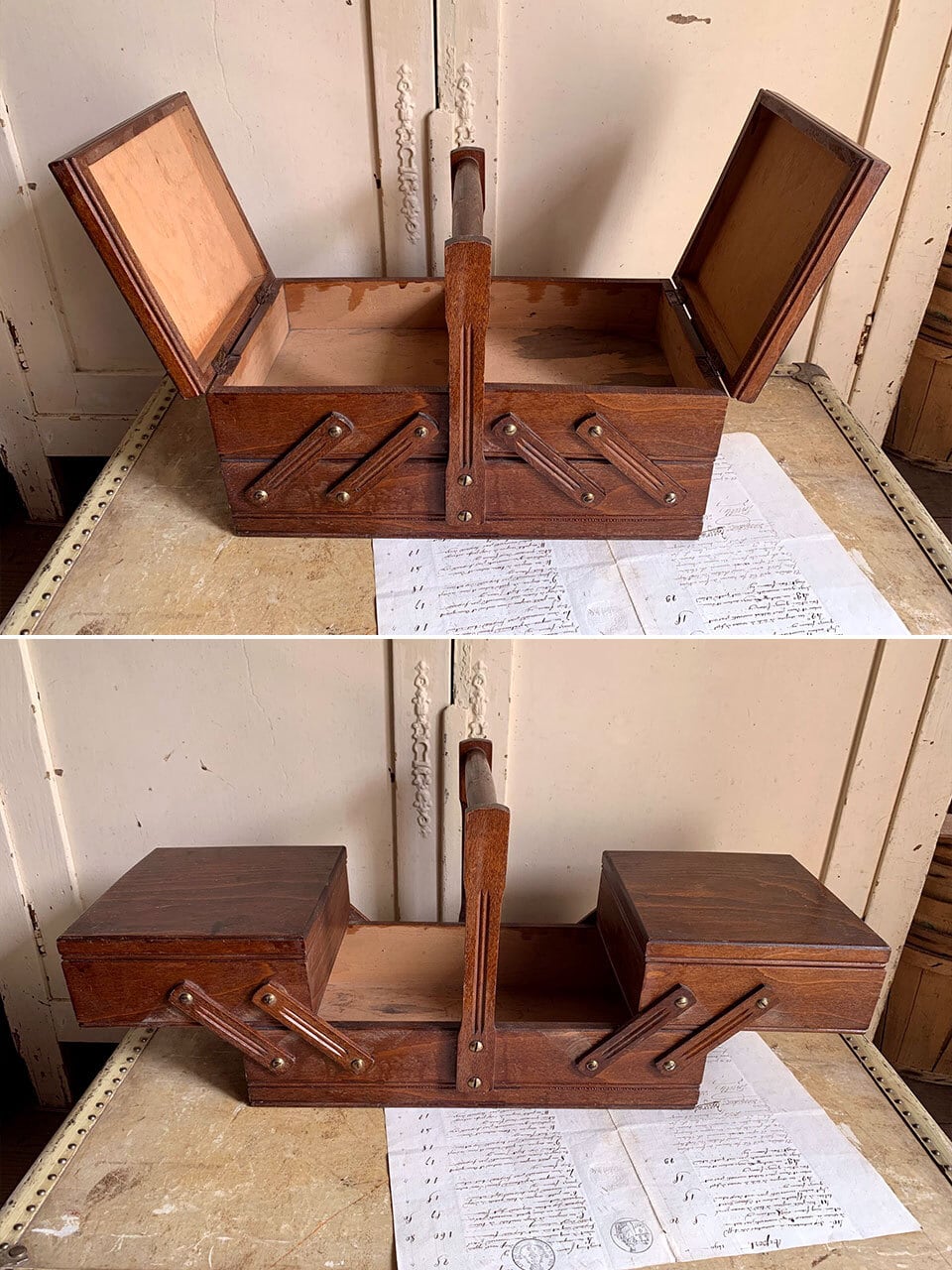 木製2段 ミニソーイングボックス 焦げ茶 ダークブラウン | Brocante de