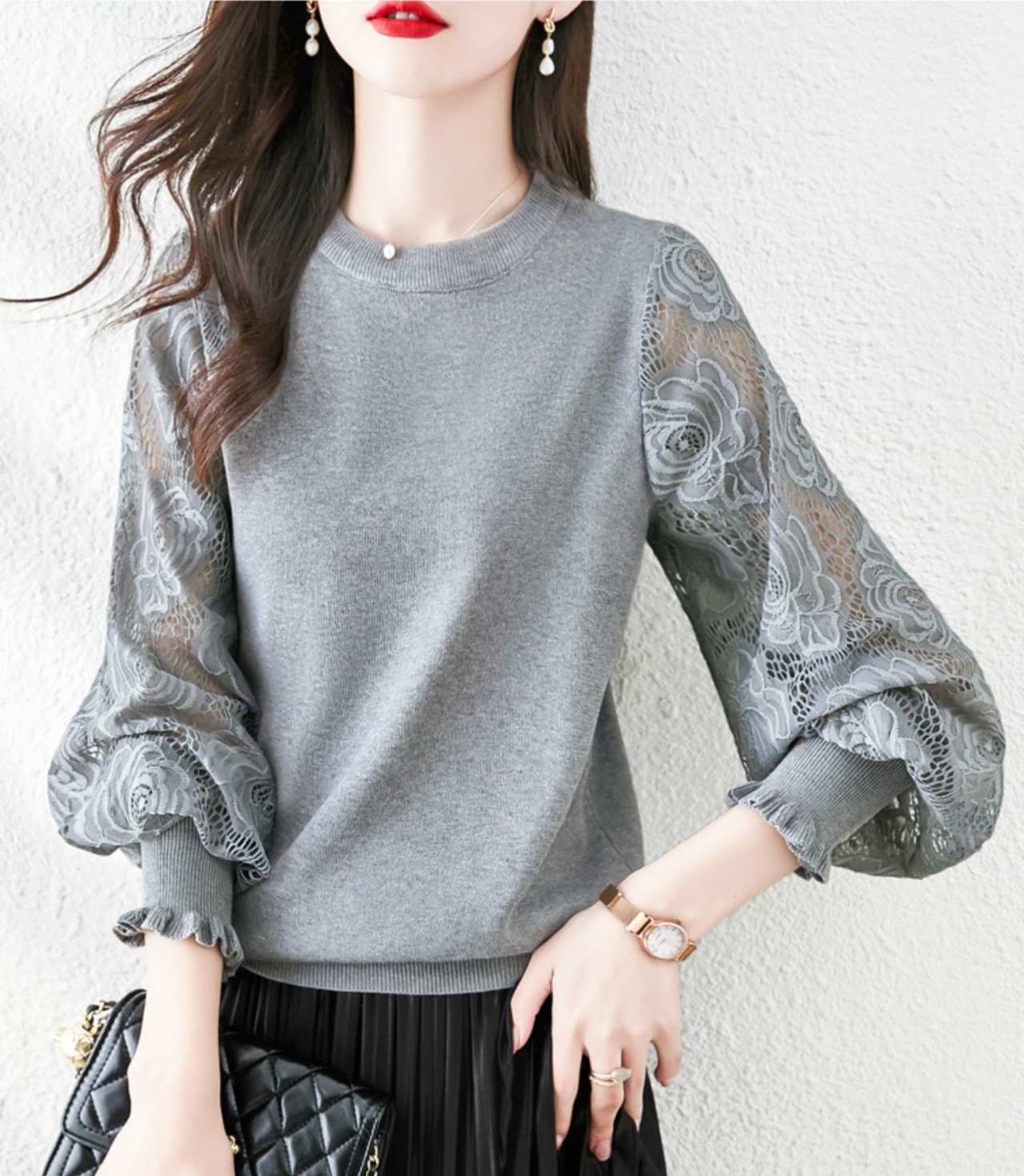 フラワーレーススリーブプルオーバー 4color A00595