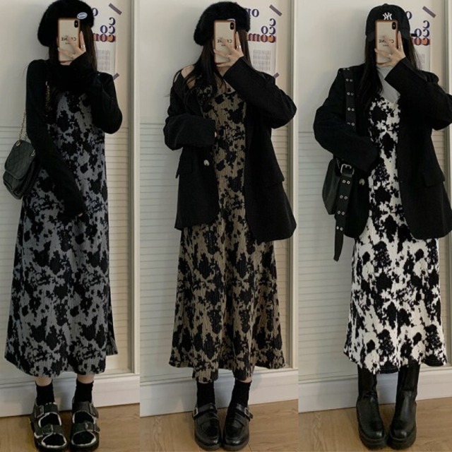 キャミワンピース ビンテージブラック ノースリーブ ワンピース ロングスカート