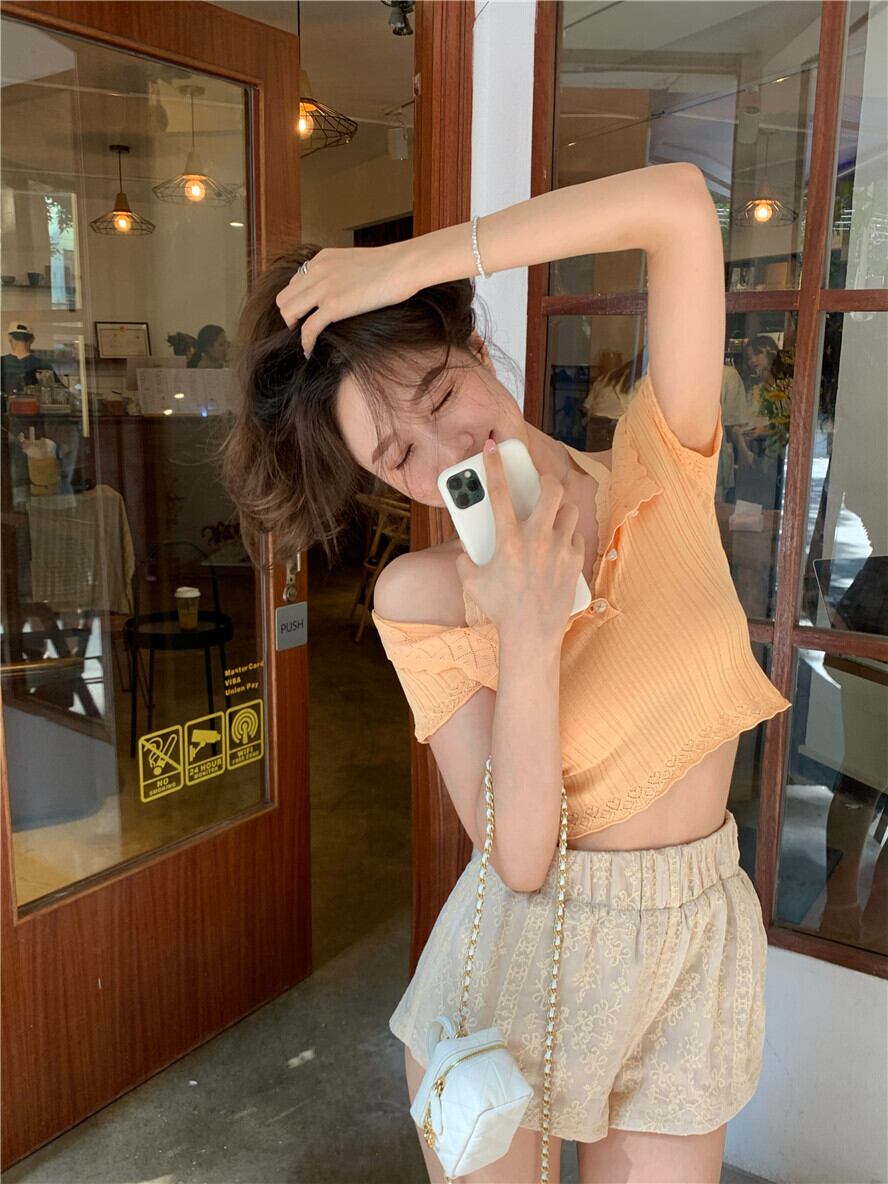 ニットセーター ショートスタイルスリムグリーン薄手トップス サマー 夏物 ピュア ブラックストロベリース29526056562