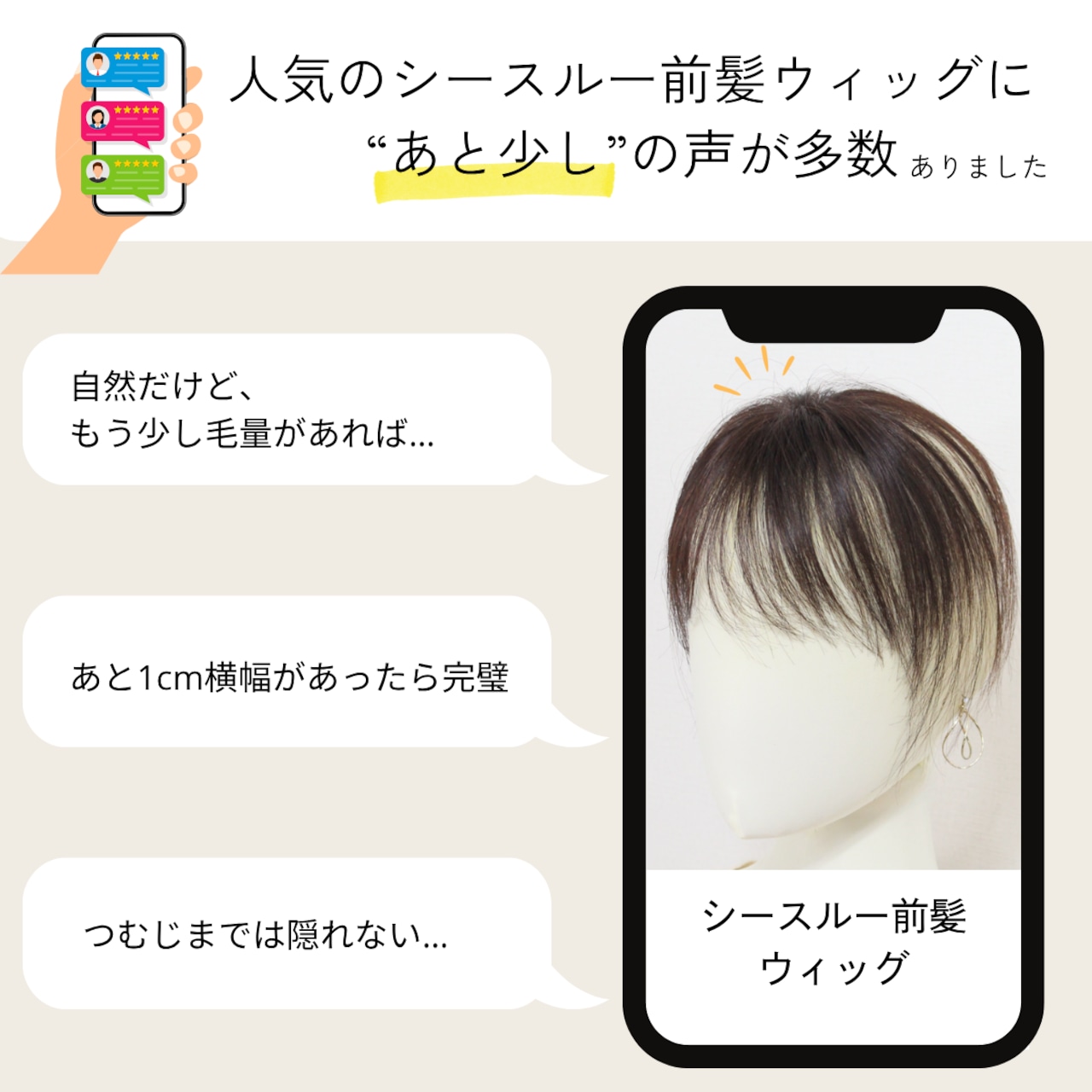【医療用ウィッグ】 人毛100%シースルー前髪ウィッグ〈1.5倍増量タイプ〉 |フル卒 部分ウィッグ 美容師仕上げの自然な前髪カバー【5×6cm】