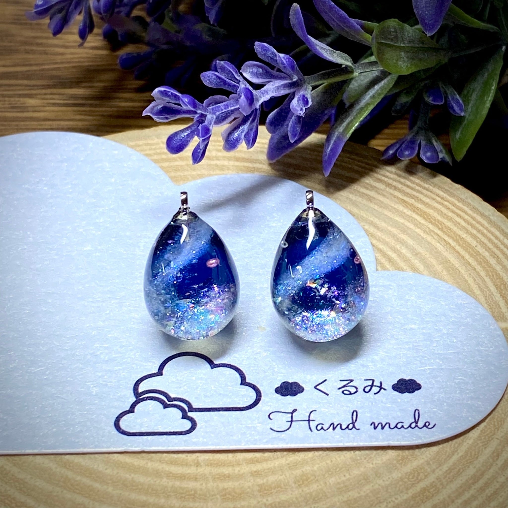 レジンピアス イヤリング 天の川 たまご型 16×12mm b