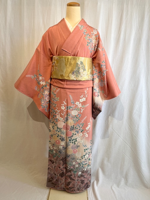 2292 高身長 オシドリと草花紋様 訪問着 袷単品 Houmongi (lined kimono)