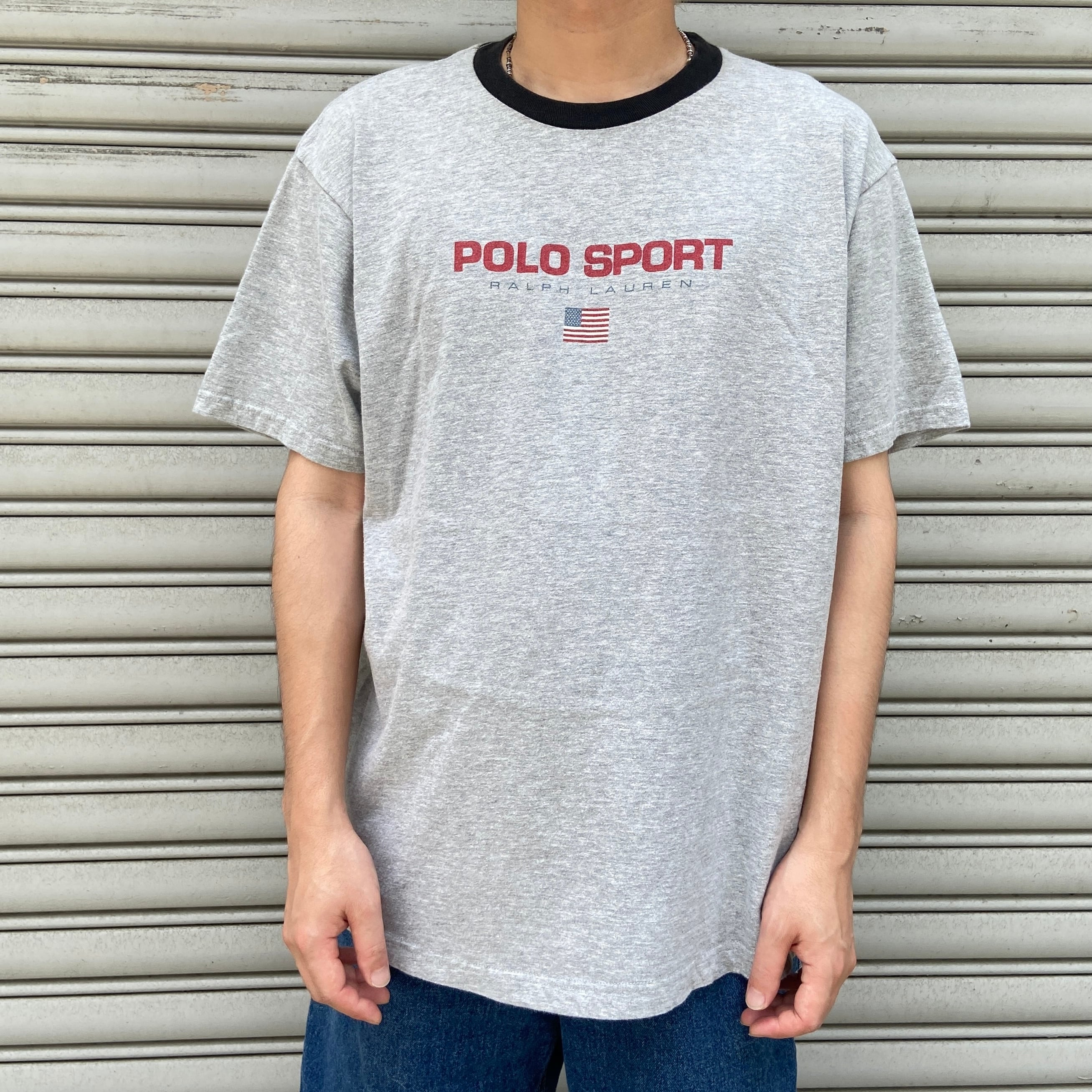 90s POLO SPORT ラルフローレン 星条旗ロゴTシャツ リンガーネック
