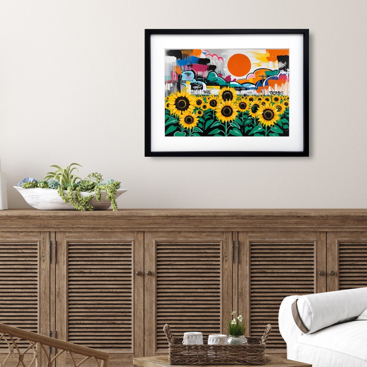 Sunburst City ひまわりと都市の共鳴｜自然とストリートが融合するポップアートポスター｜鮮やかな色彩で空間をアクティブに彩るA2ポスター