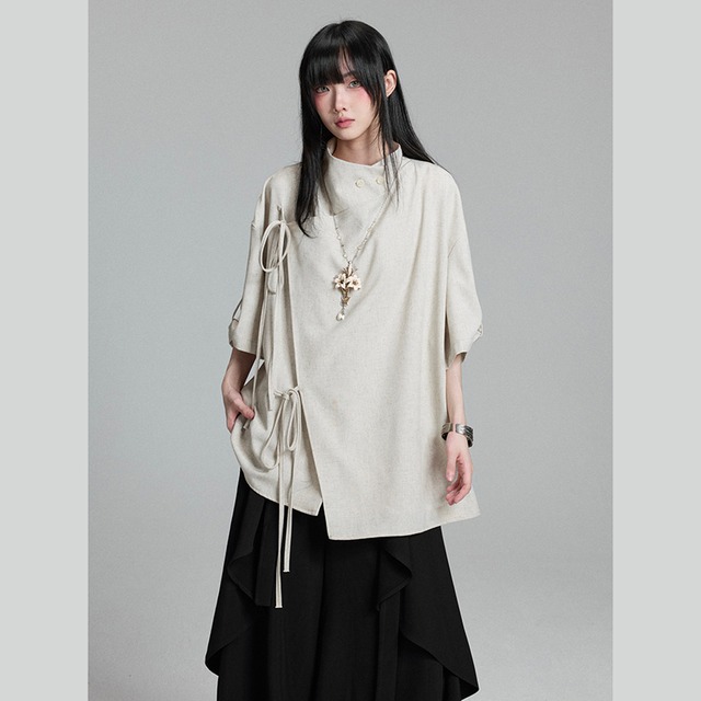 【FG721シリーズ】★チャイナ風トップス★ 2color シャツ 半袖アウター ユニセックス 不規則