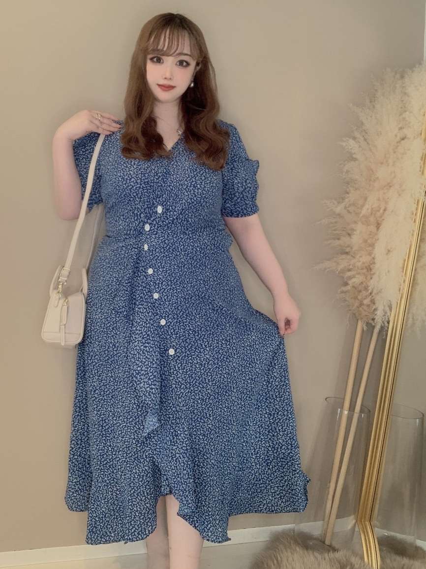 小花柄フリルラップワンピース 巻スカート リゾート 半袖 Vネック ミディ丈 大きいサイズ 韓国 CH3400