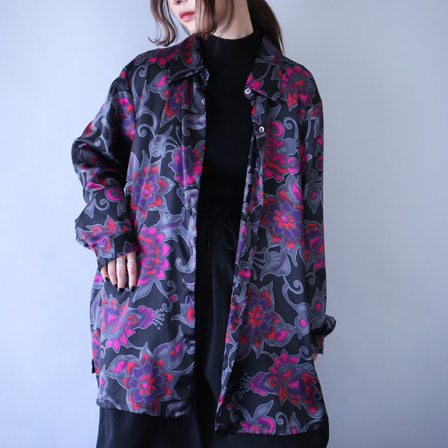 dark flower pattern gloss fabric over silhouette shirt